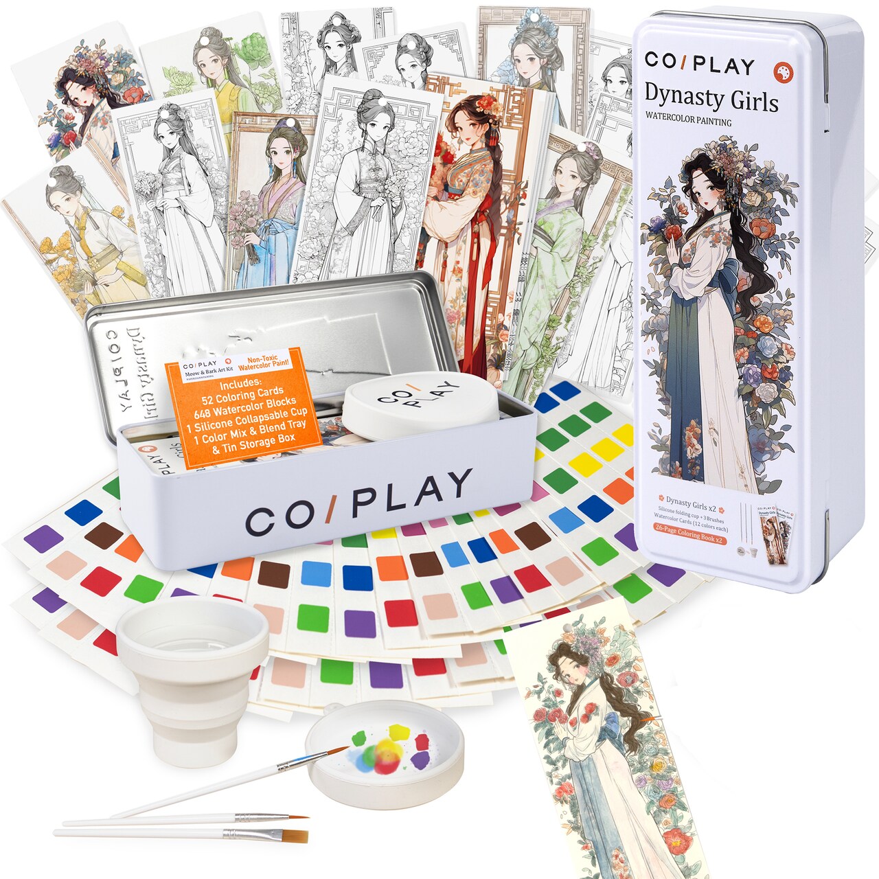 COIPLAY: Watercolor Painting Art Kit - Dynasty Girls - Tin Box, 52 Character Bookmarks, 648 Color Blocks, 3 Brushes, Silicone Cup, Adults-Kids 6+